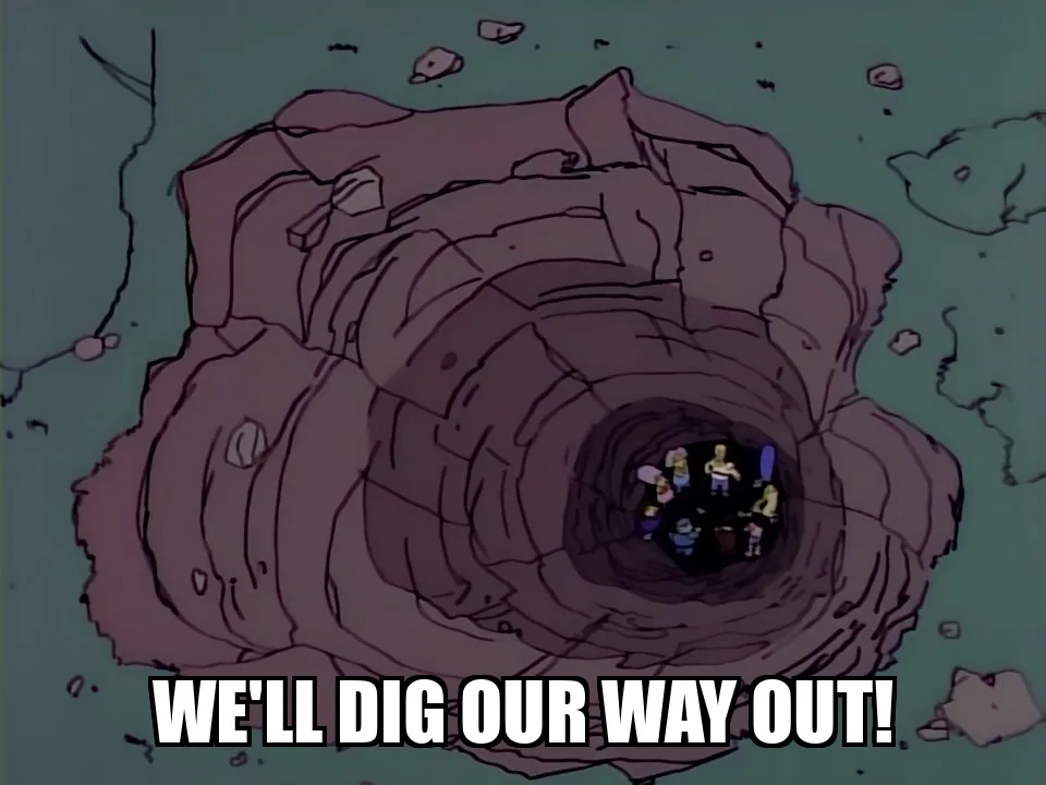 Escena de los Simpsons: los vecinos de Springfield en el fondo de un pozo enorme, con la leyenda 'We'll dig our way out!'